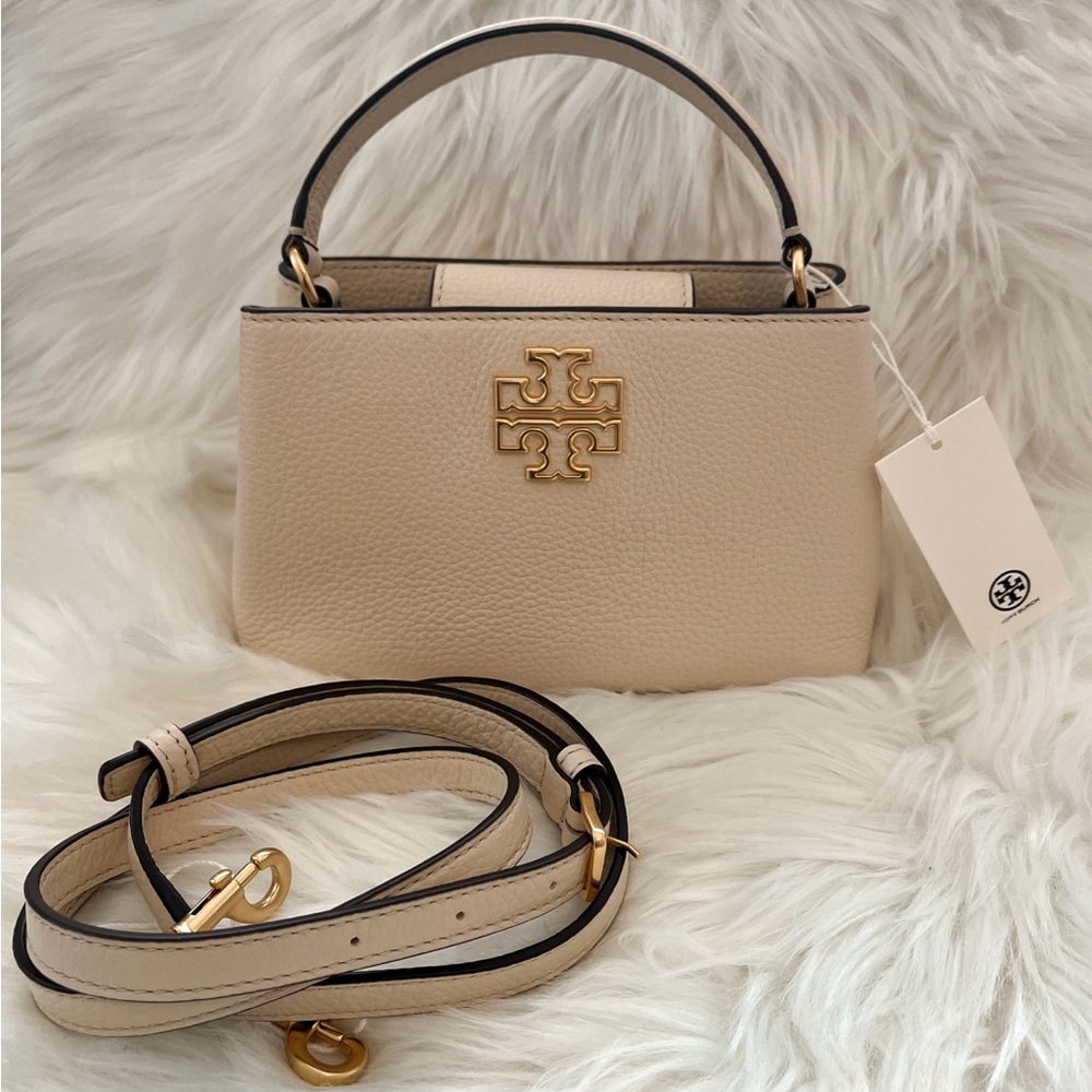 Tory Burch Women Britten Cream Pebbled Leather
Micro Satchel Crossbody Bag
